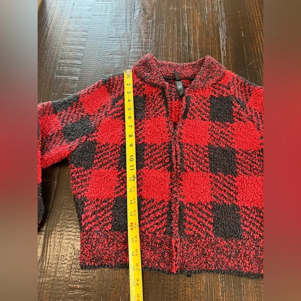 SKIMS Cozy Knit Sweater Red Black Full Zip Brick Buffalo Check Plaid L/XL